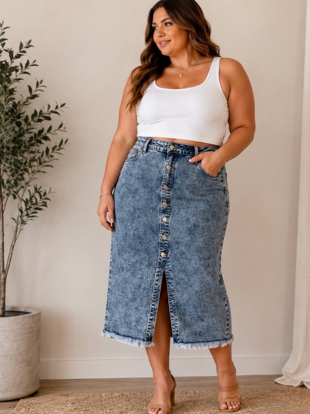 Blakeley Acid Wash Denim Midi Skirt 1X Button Front